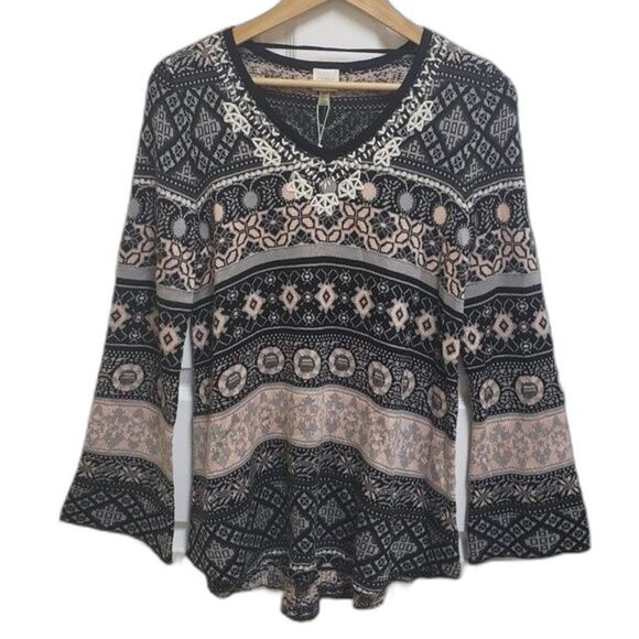 Cupio Sweater Womens S Fair Isle Knit Embroidered V Neck Long Slv Boho Casual - Picture 1 of 10